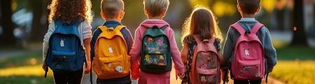 Five children with backpacks walking hand in hand.