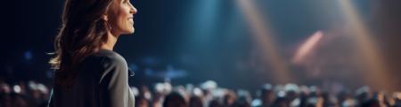 woman speaking to a crowd of people at an inside venue