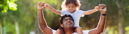 Child sitting on his father's shoulders in a sunny park