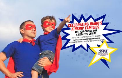 Father and son dressed in hero costumes.