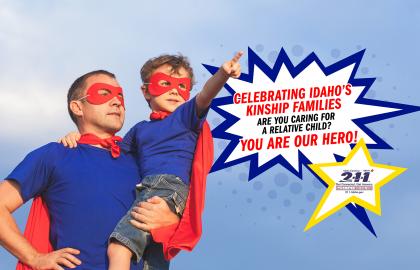 Man and boy dressed as superheroes with comic style graphics