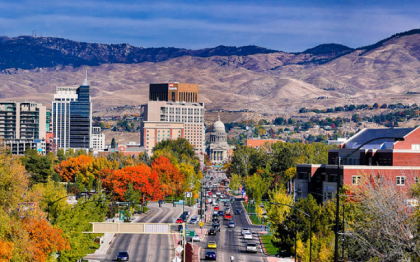 Downtown Boise at the beginning of fall looking from the train depot to the Capital