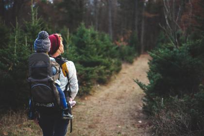 Adult with toddler hiking on a wooded path