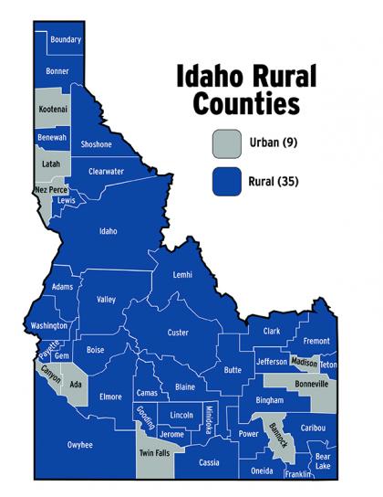 Map of Idaho's rural and urban counties