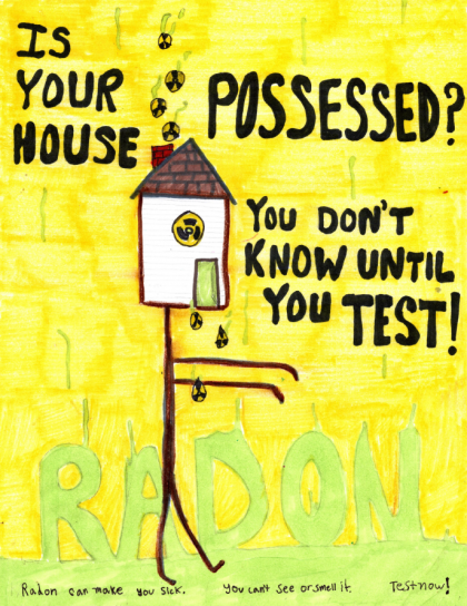Stick person with their head as a house possessed by Radon