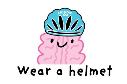 Cartoon of Noggin the brain wearing a bicycle helmet with the text Wear a Helmet below