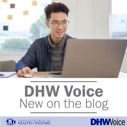 Man sitting at a computer, text reads DHW Voice, New on the Blog